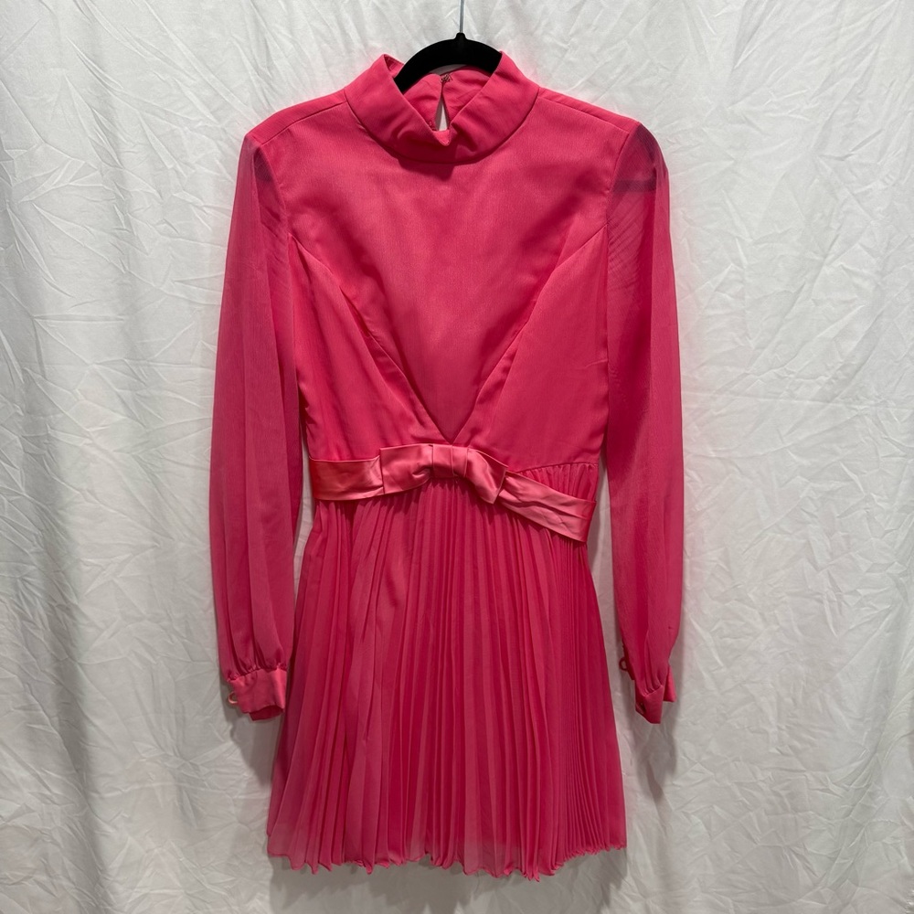 Vintage Hot Pink Pleated Dress High Neck‎ Long Sleeve Bow Retro Party Cocktail
